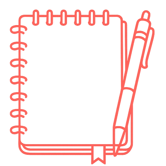Neon outline of a notebook with a pen attached, depicted in pink against a black background.
