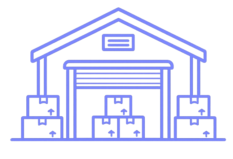 Illustration of a house with a garage and multiple boxes with arrows indicating the movement of items into the house.