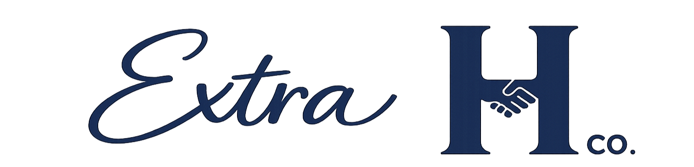 Logo for Extra H Co. featuring the words 'Extra' in cursive and a large capital H with a handshake inside it.
