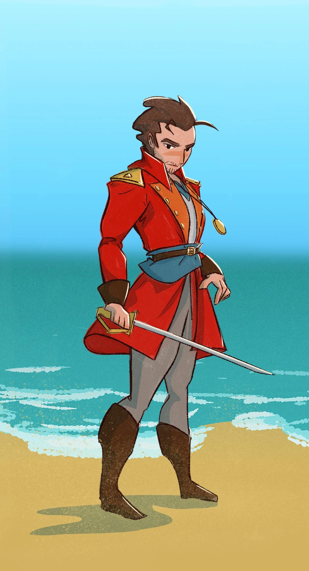 A cartoon-style man dressed as a pirate with a red coat, grey pants, and black boots, holding a sword, standing on the beach near the ocean with waves in the background.