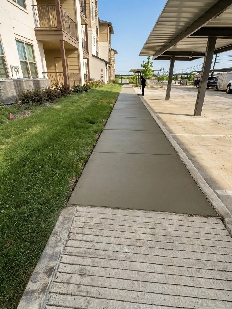 A sidewalk along a residential apartment complex with a person standing in the distance. The sidewalk is freshly poured concrete, and a shaded parking area is on the right. There is a grassy area with small plants on the left.
