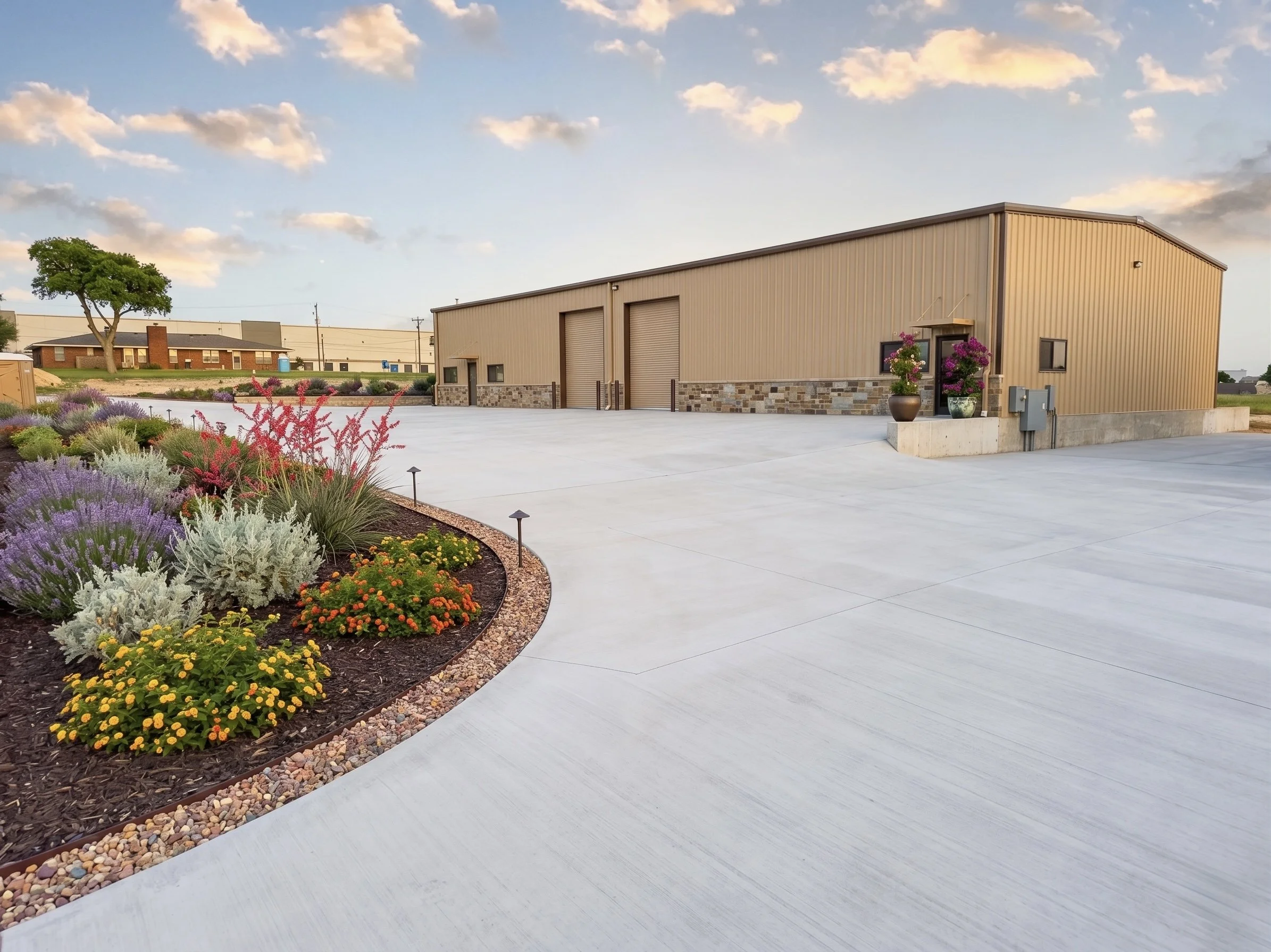 A large industrial metal building with a stone foundation on a concrete parking lot. There are potted flowering plants near the entrance and a landscaped garden with purple, yellow, and green plants in the foreground. A tree is visible in the background along with other buildings and utility poles under a sky with scattered clouds.