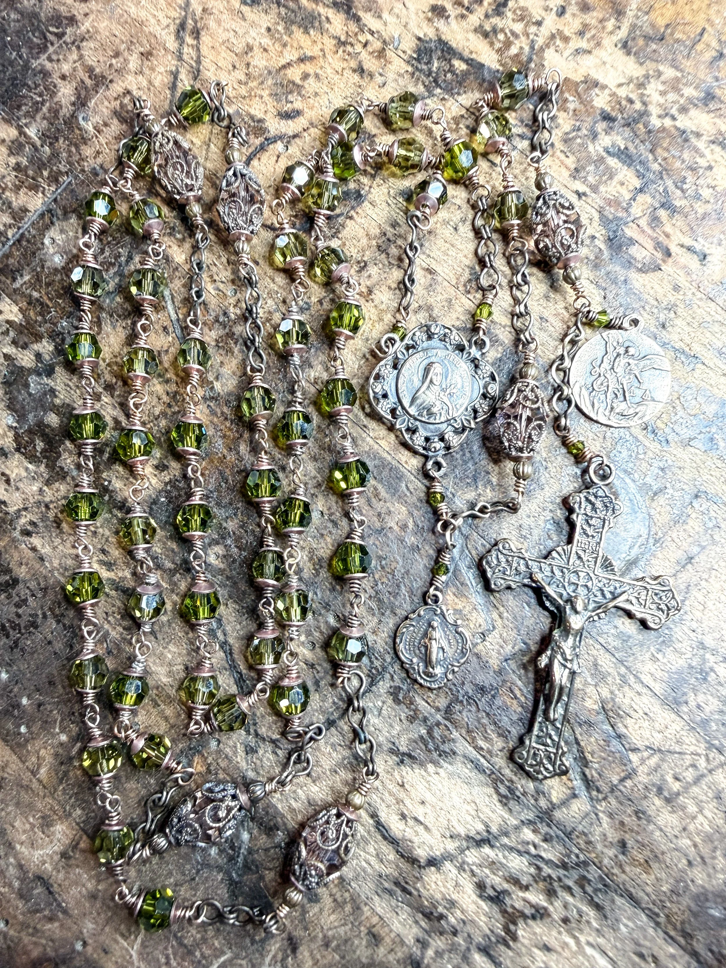 St Therese Rosary with Antiqued Bronze and Swarovski Crystals