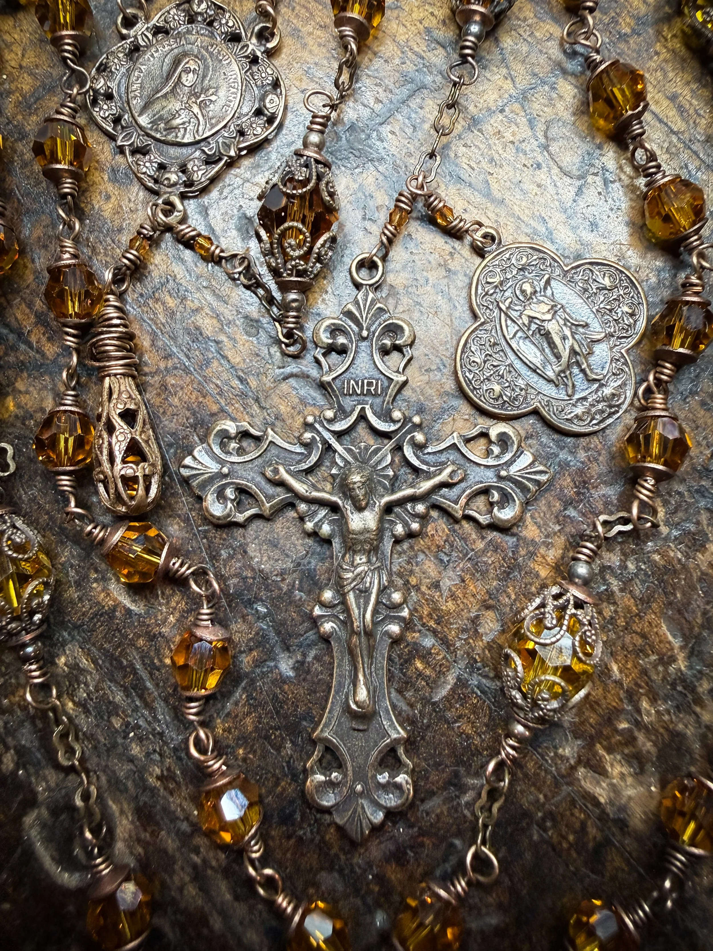 Lantern Crystal Rosary with Antiqued Bronze Crucifix