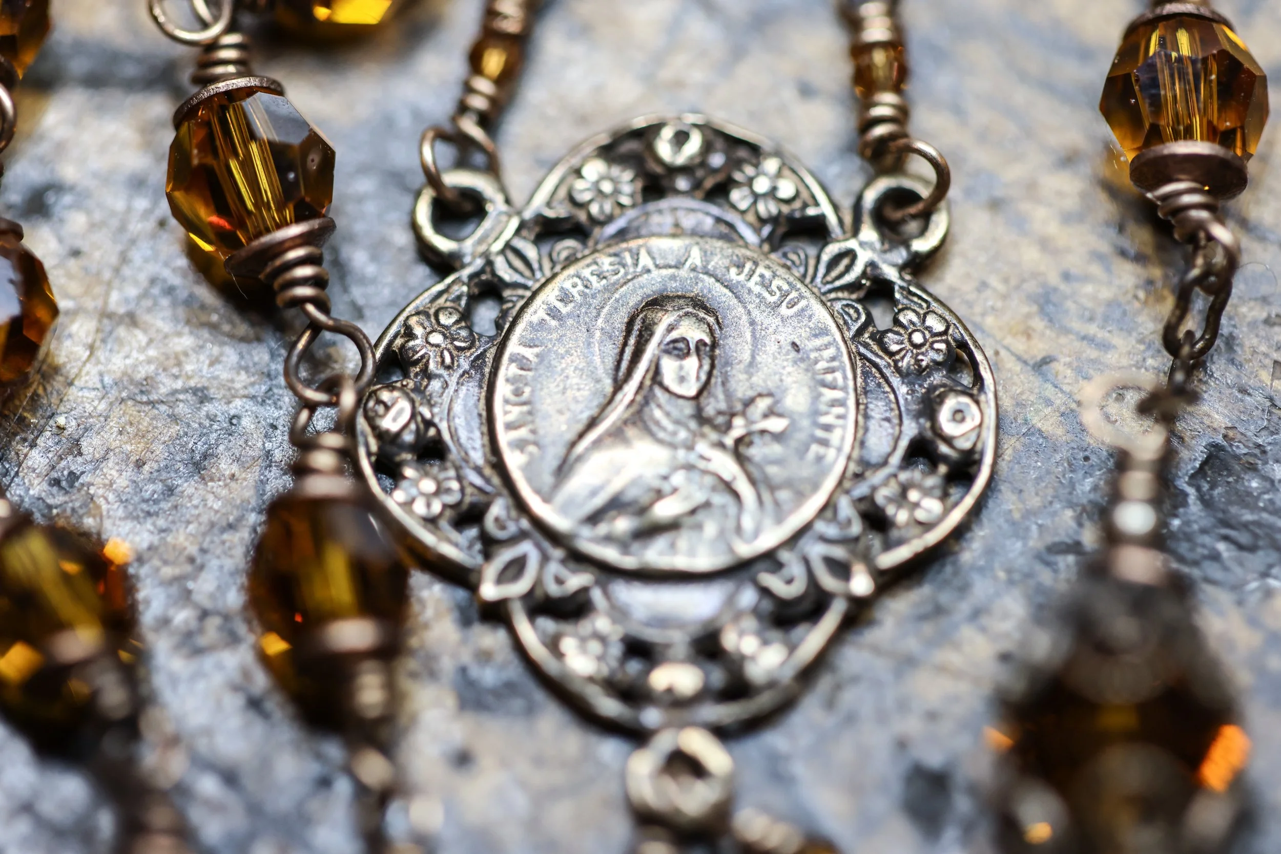 Lantern Rosary in Antiqued Bronze and Austrian Crystal with St Therese