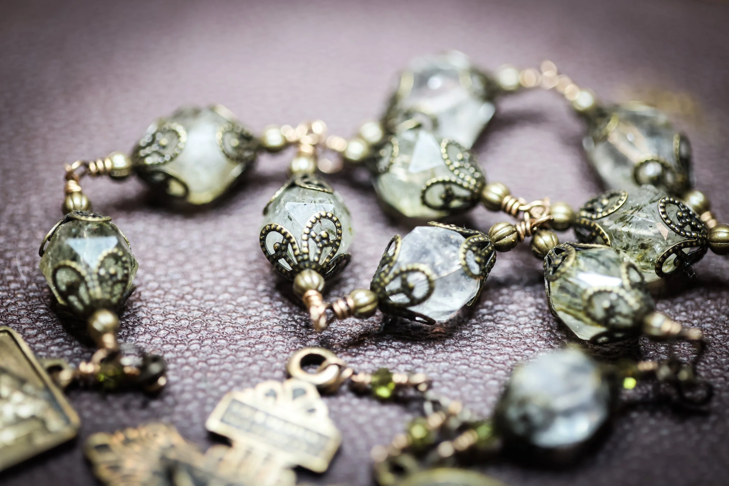 Lantern Rutilated Quartz Travel Rosary Chaplet in Antiqued Bronze Findings