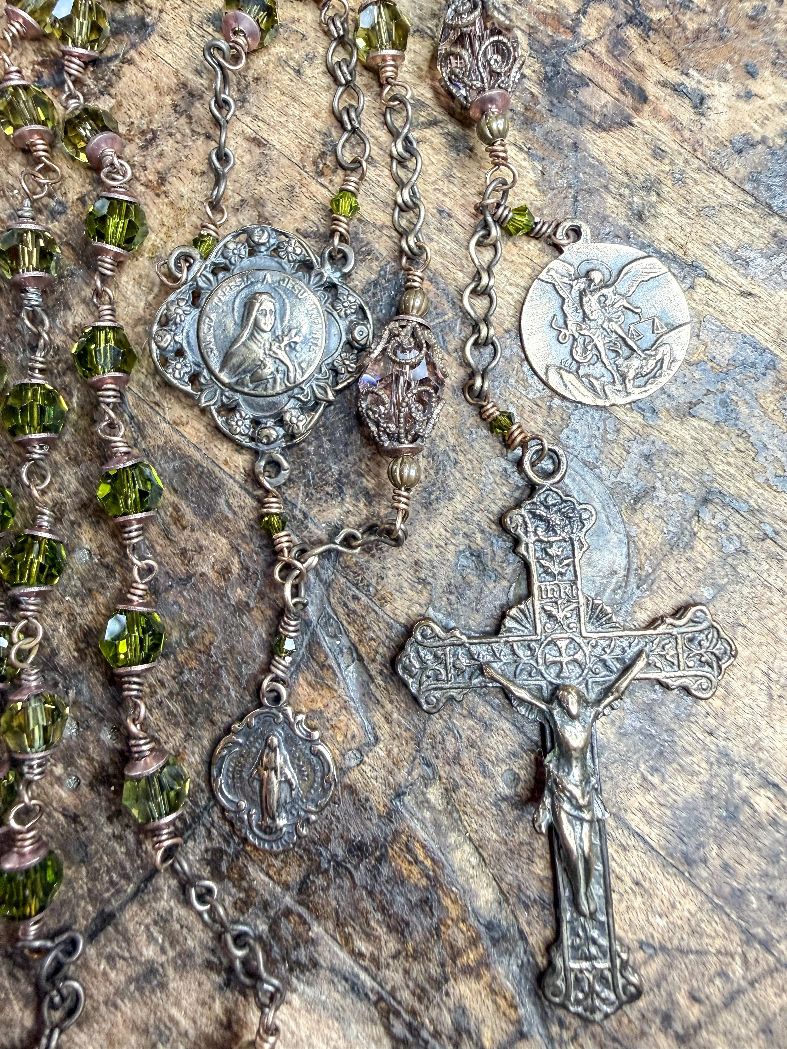 St Therese Rosary with Antiqued Bronze and Swarovski Crystal