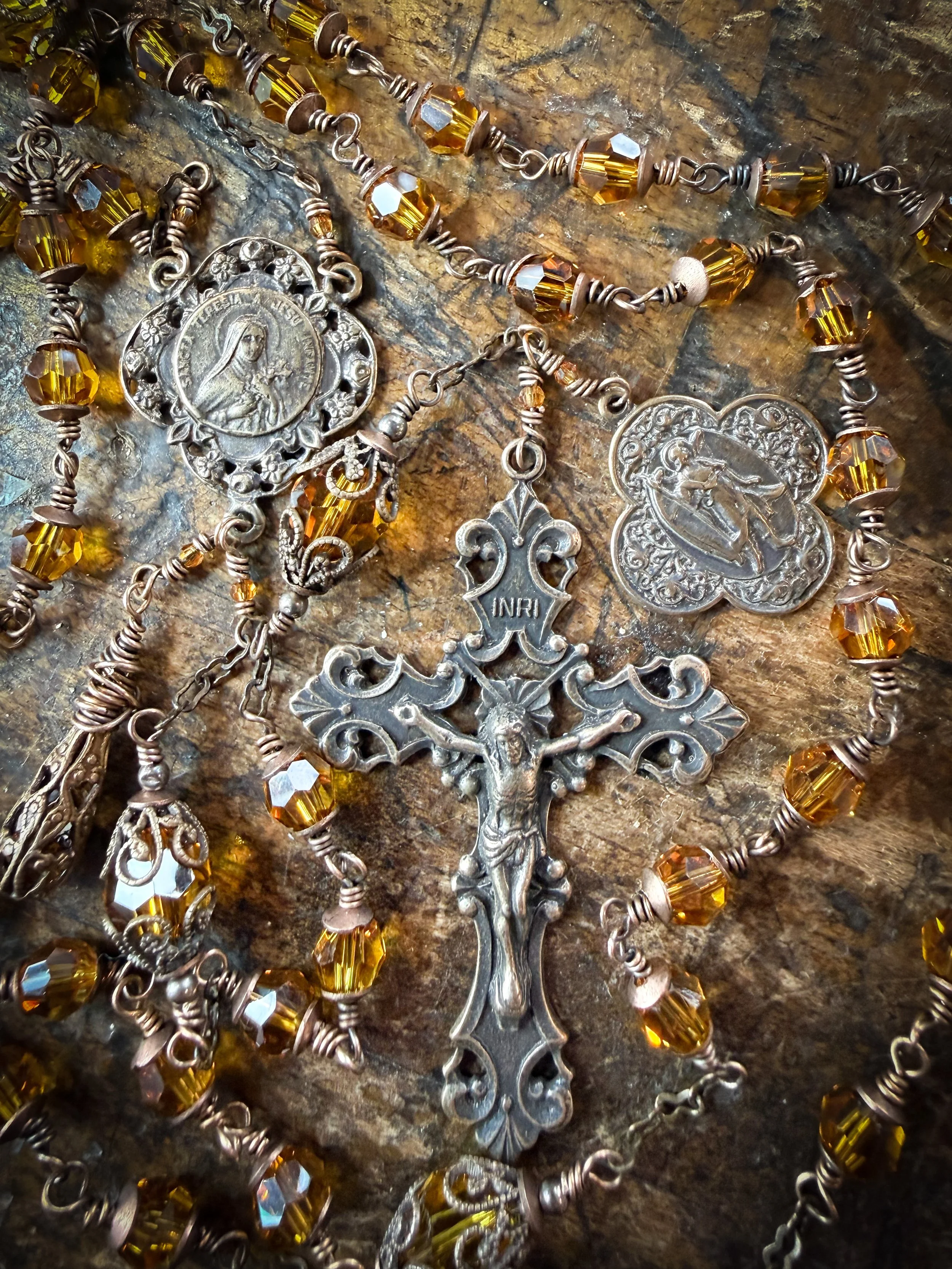 Heirloom Lantern Rosary in Antiqued Bronze and Swarovski Crystal