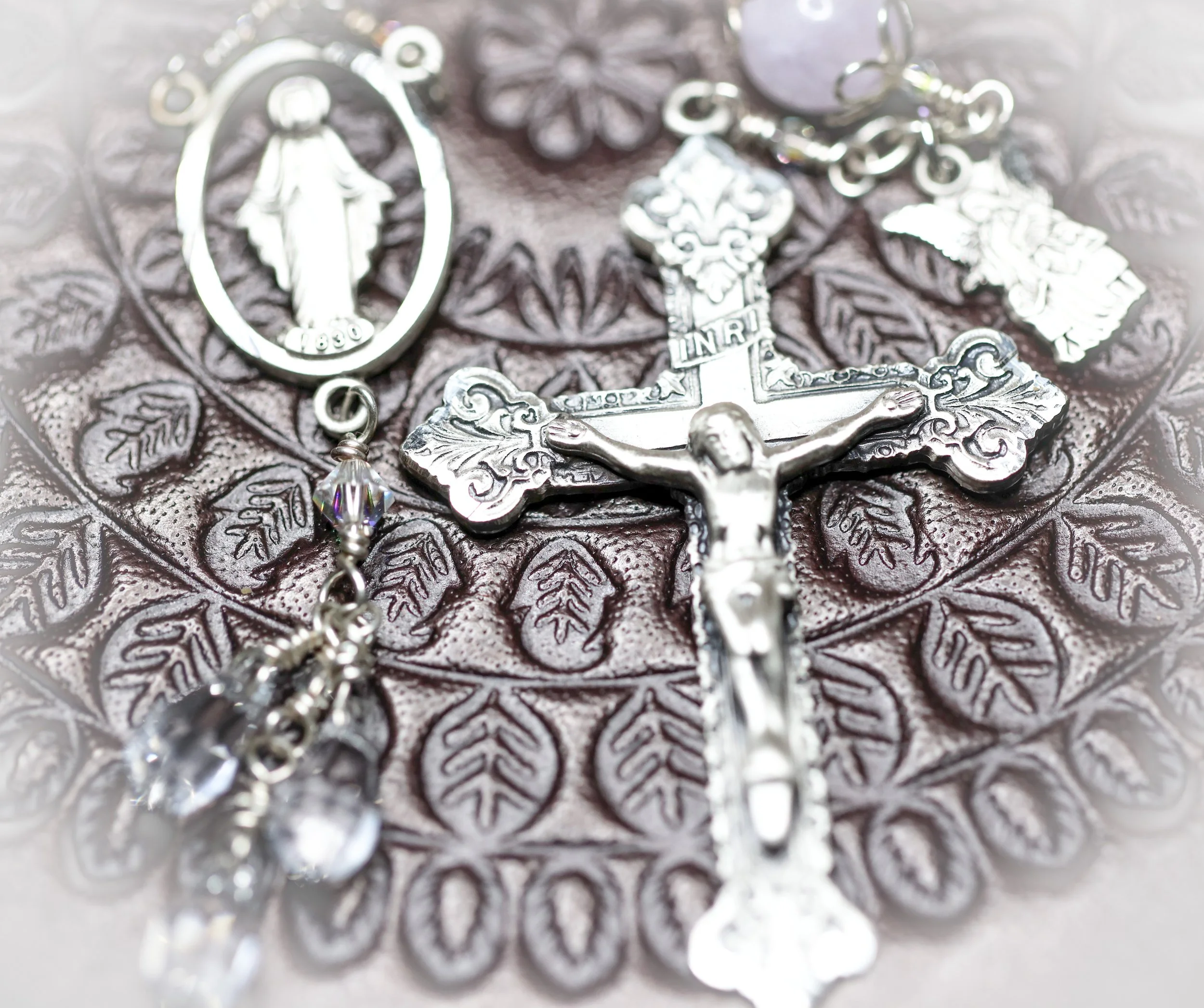 Sterling Silver crucifix on a handmade lavender quartz pocket rosary chaplet