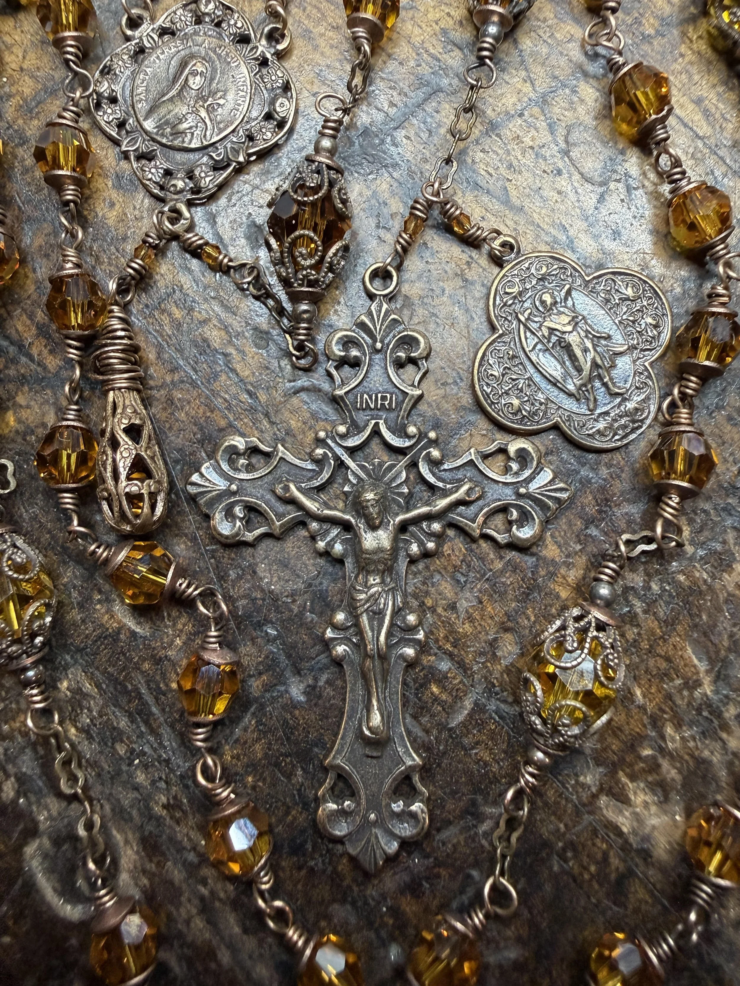 Lantern Rosary in Antiqued Bronze and Austrian Crystal