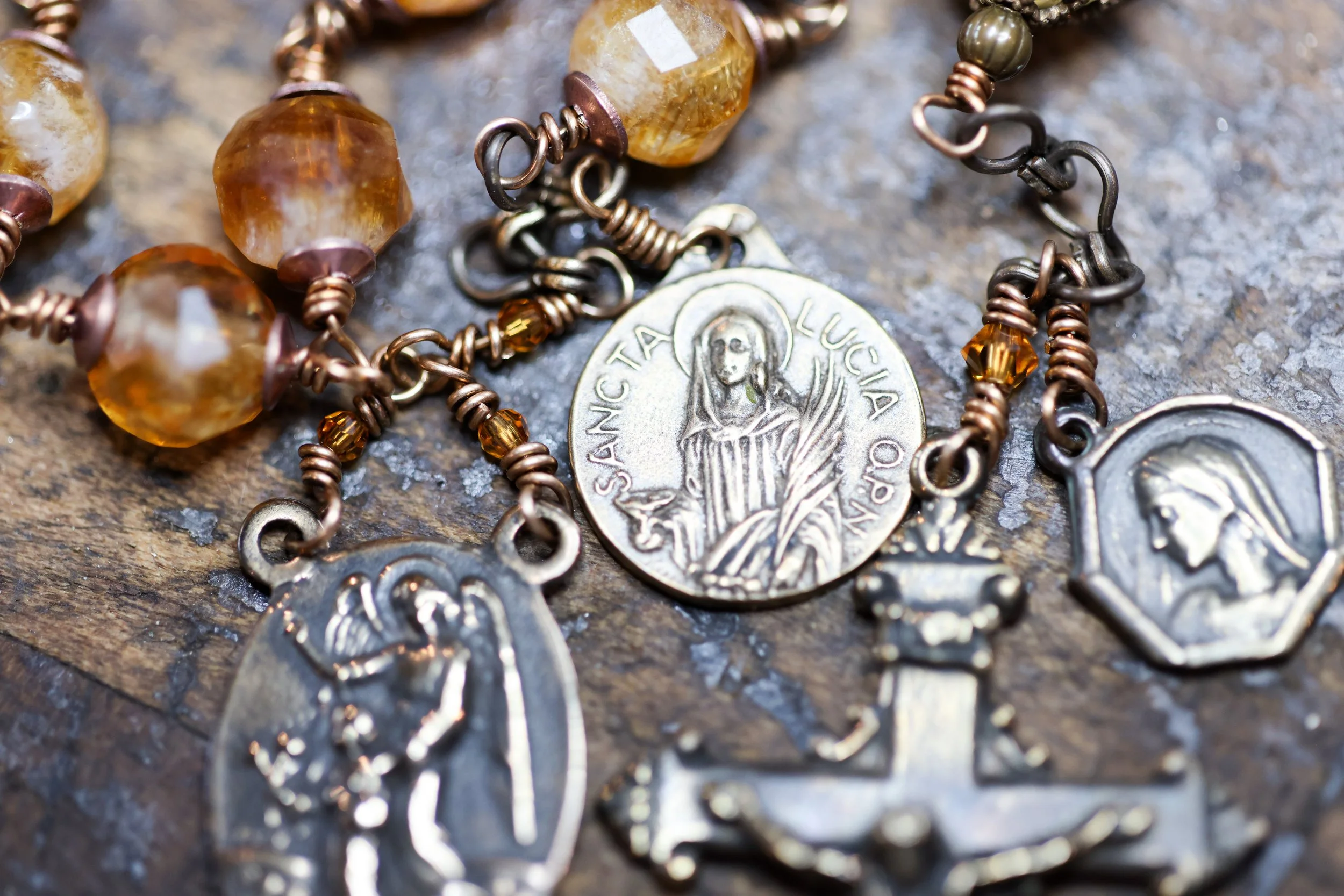 Genuine Citrine Guardian Angel Travel Rosary Chaplet with Antiqued Bronze Medals