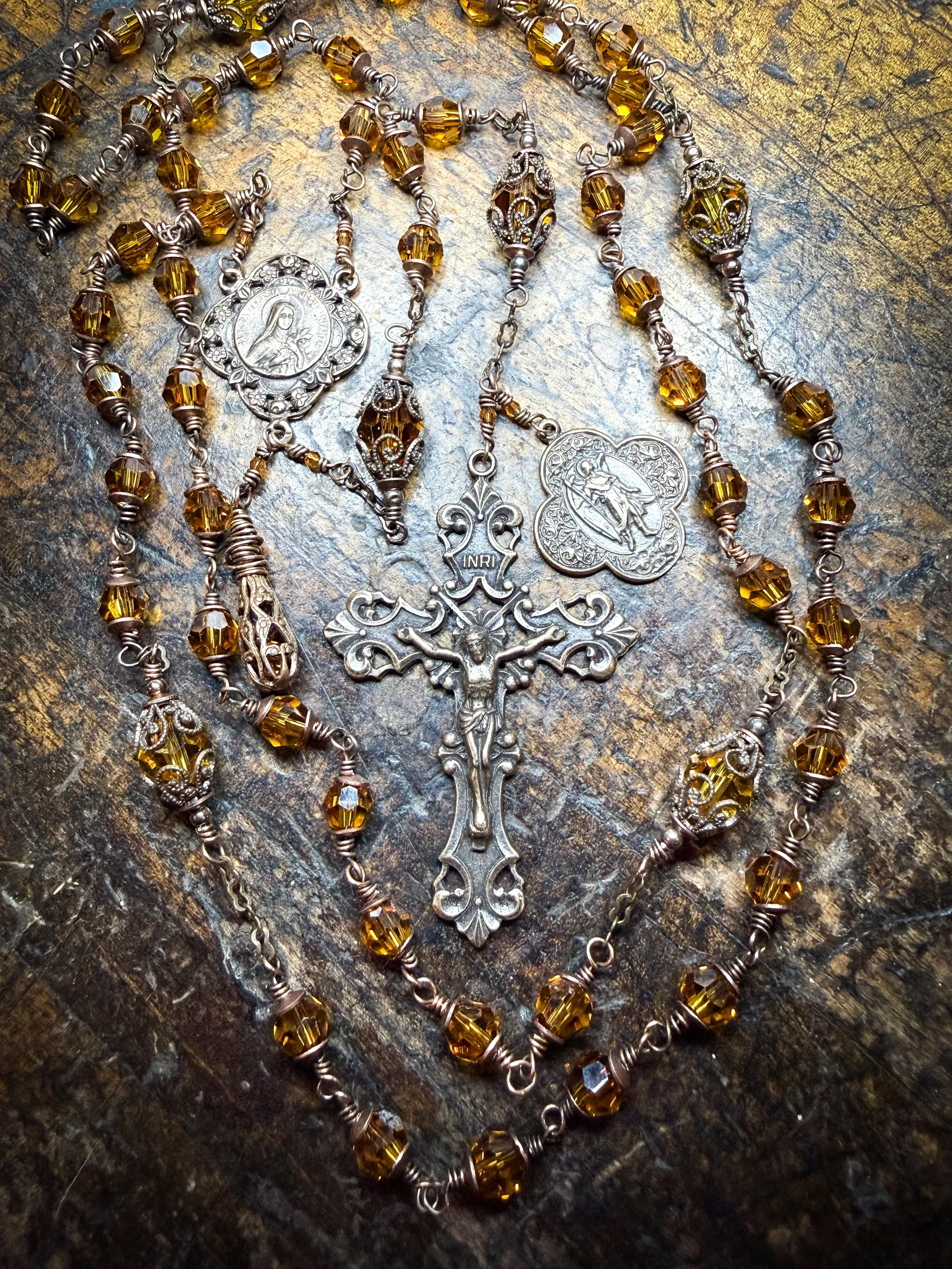 Lantern Rosary in Antiqued Bronze and Austrian Crystal