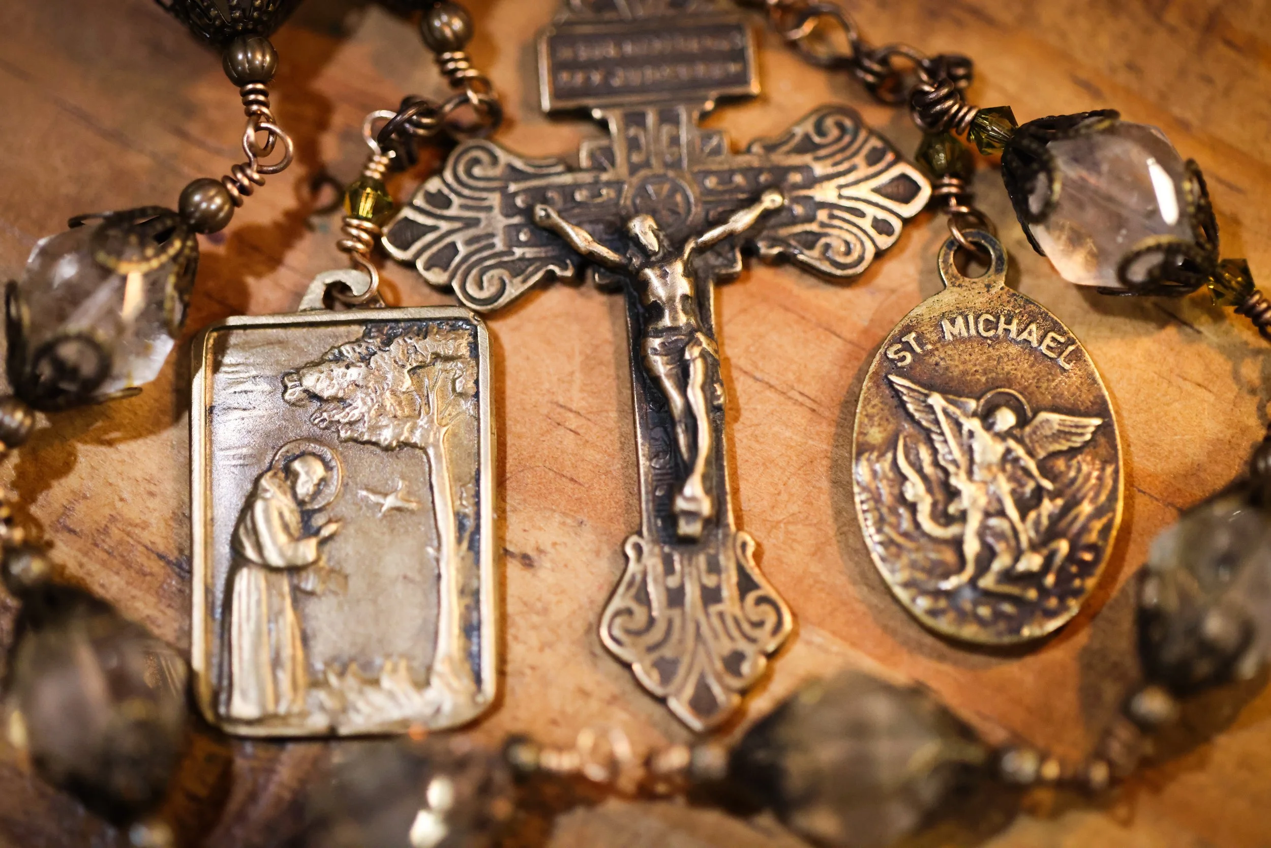 Lantern Rutilated Quartz Travel Rosary Chaplet in Antiqued Bronze