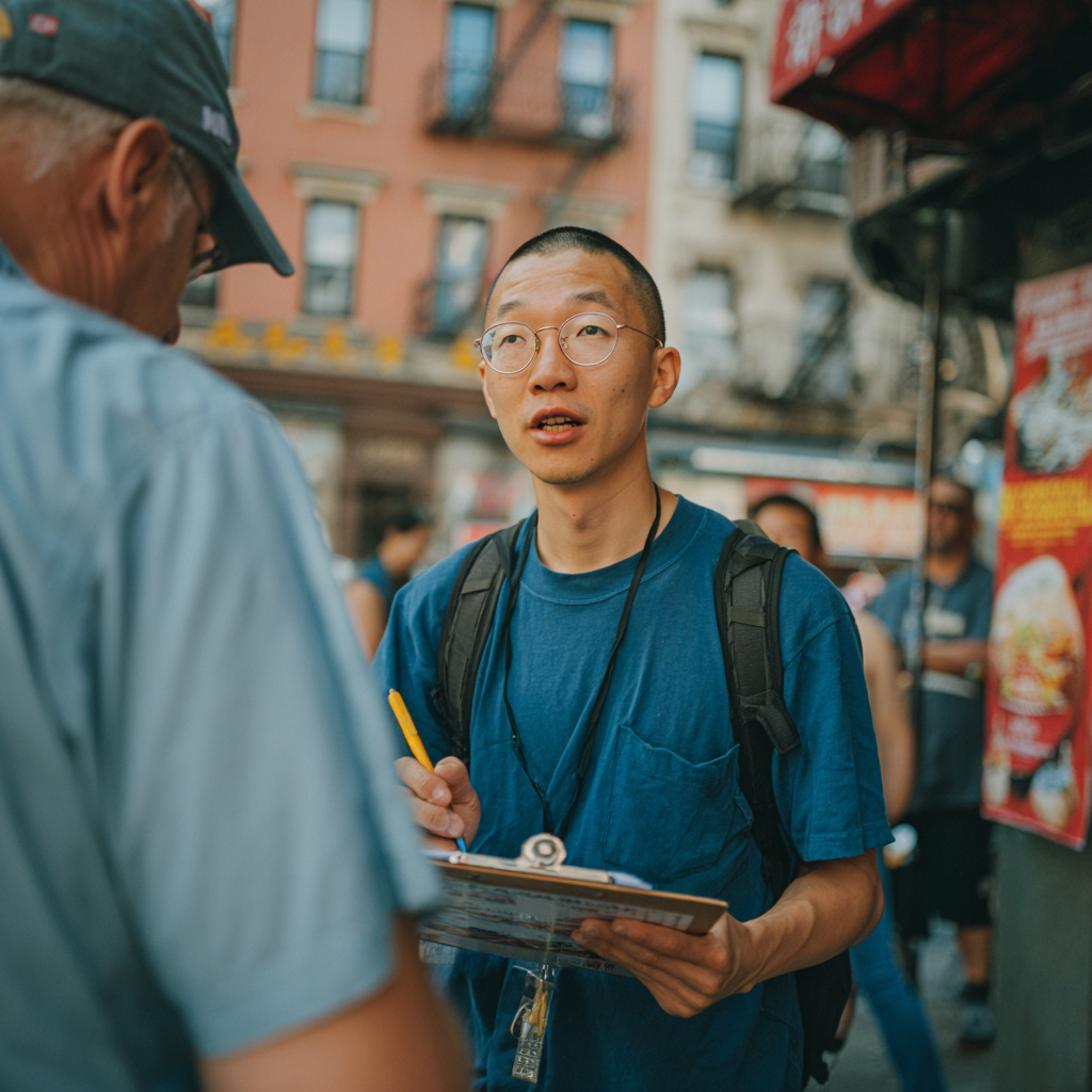 A young volunteer in the the streets of district 65 collecting signatures
