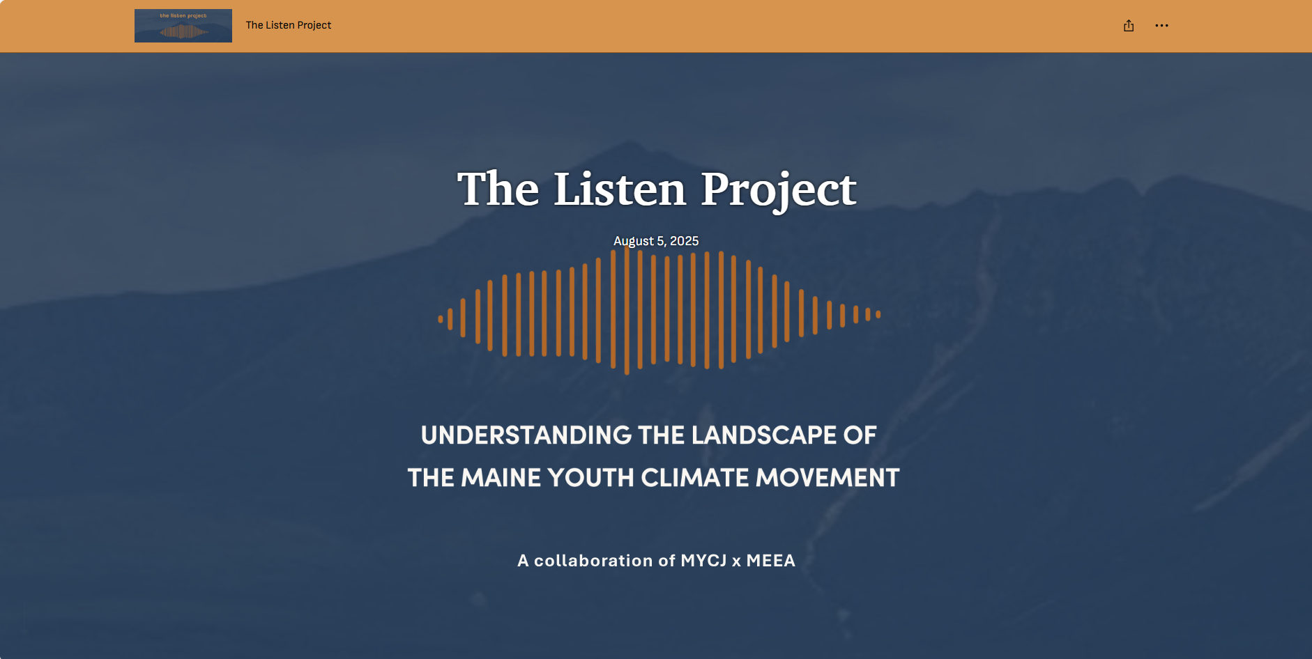 The Listen Project story map, collaboratively produced with Angie Flores. My role focused on design feedback, layout planning, and problem solving.