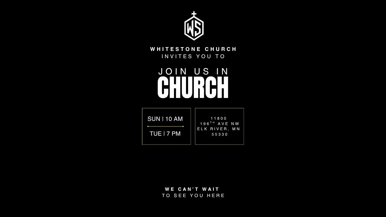 Church invitation flyer with black background, white text, and church logo at top. Details about Sunday and Tuesday service times and address in Elk River, Minnesota, with a message at the bottom reading 'We can't wait to see you here.'