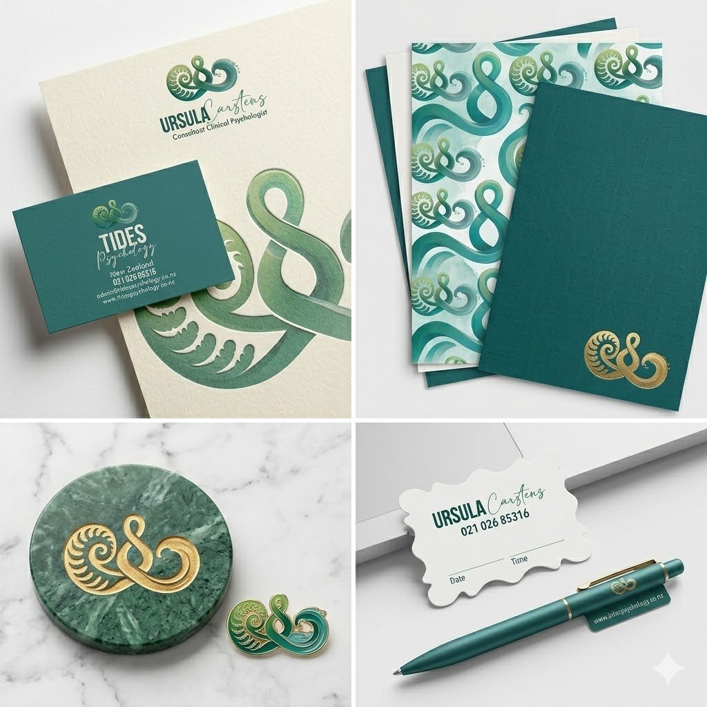Collection of stationery and branding items with a green and gold logo design, including a business card, notepad, notebooks, a sticker, a paper tag, and a pen, all featuring a stylized swirled ampersand.