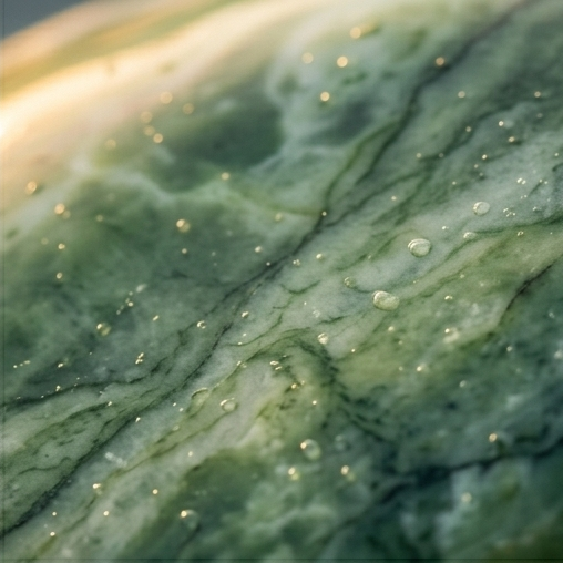 Close-up of a green marble or stone surface with small bubbles or droplets.