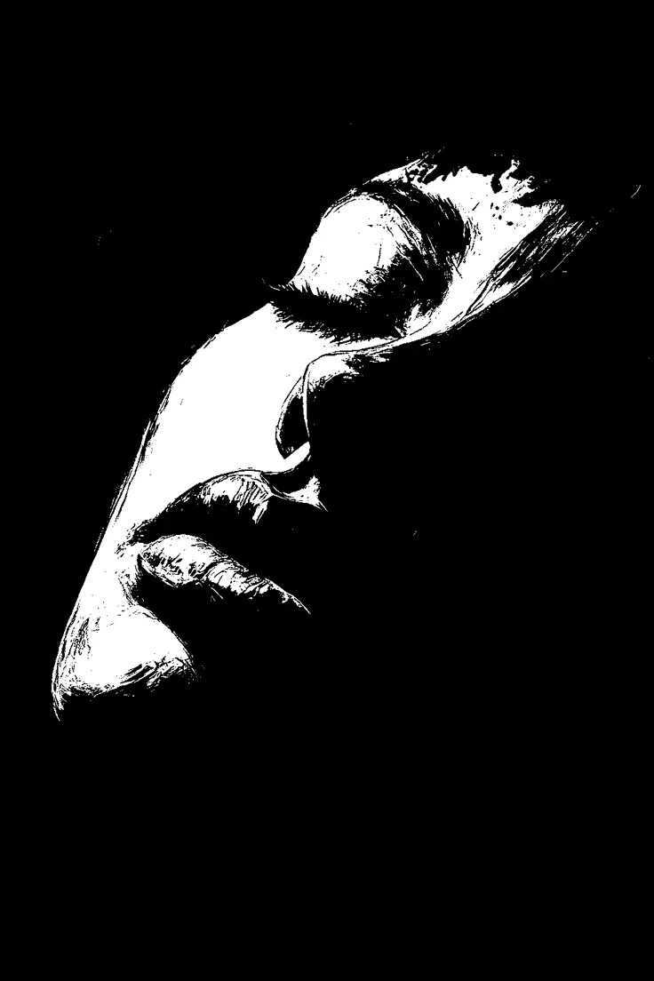 Retrato artístico en blanco y negro de un rostro femenino con los ojos cerrados y labios ligeramente abiertos.