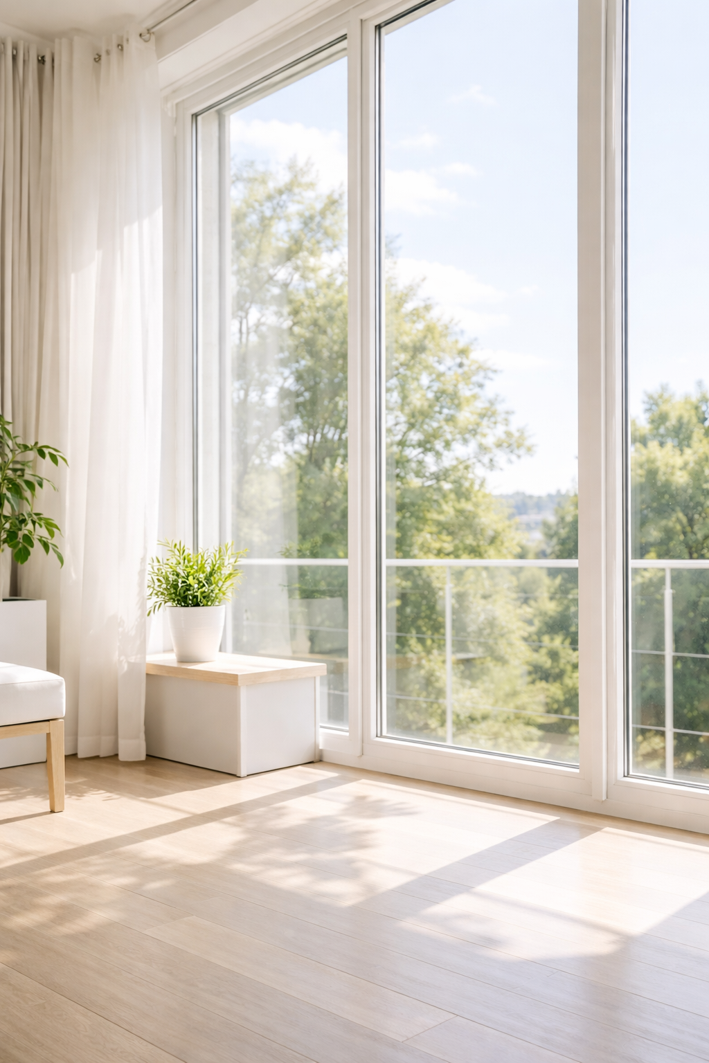 Bright room with floor-to-ceiling sliding glass doors, white curtains, a small wooden side table with a potted plant, and a white chair, overlooking greenery outside.