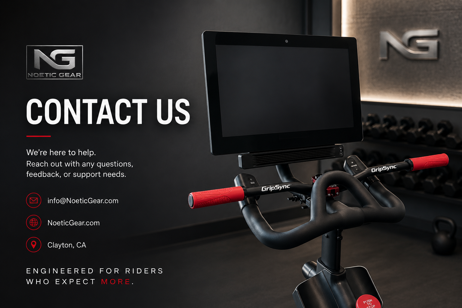 Contact information for Noetic Gear displayed on a dark background, featuring email, website, and location details; contact details next to a stationary exercise bike with a screen in a gym setting.