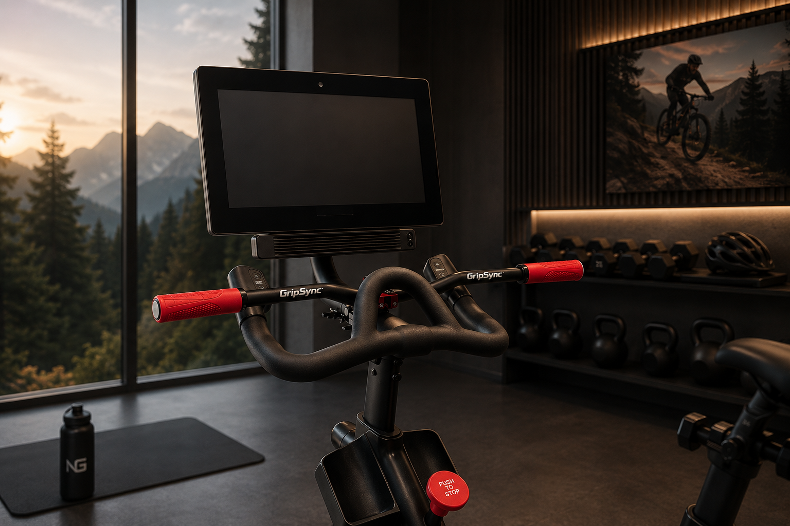 Indoor cycling bike with GripSync installed and a digital screen in a gym, with large windows showing mountain scenery and trees outside.