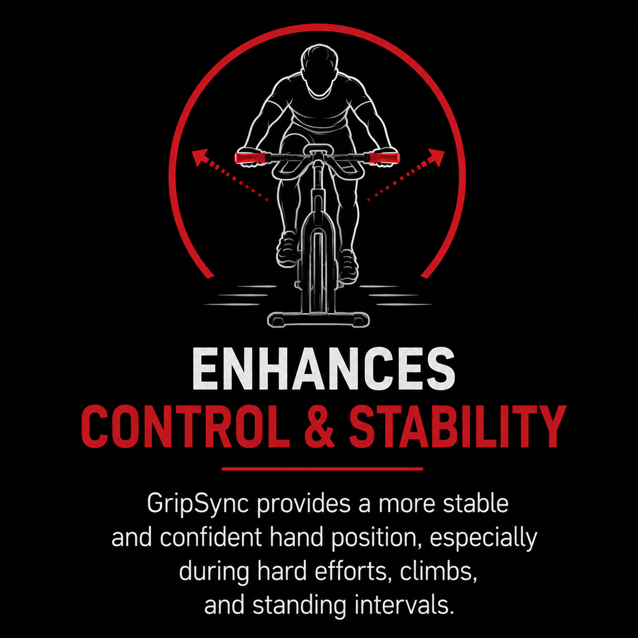 Illustration of a person riding a bicycle with a red circular arc behind them, emphasizing control and stability, accompanied by the text 'Enhances Control & Stability' and a description about GripSync providing a more stable and confident hand position during various activities.