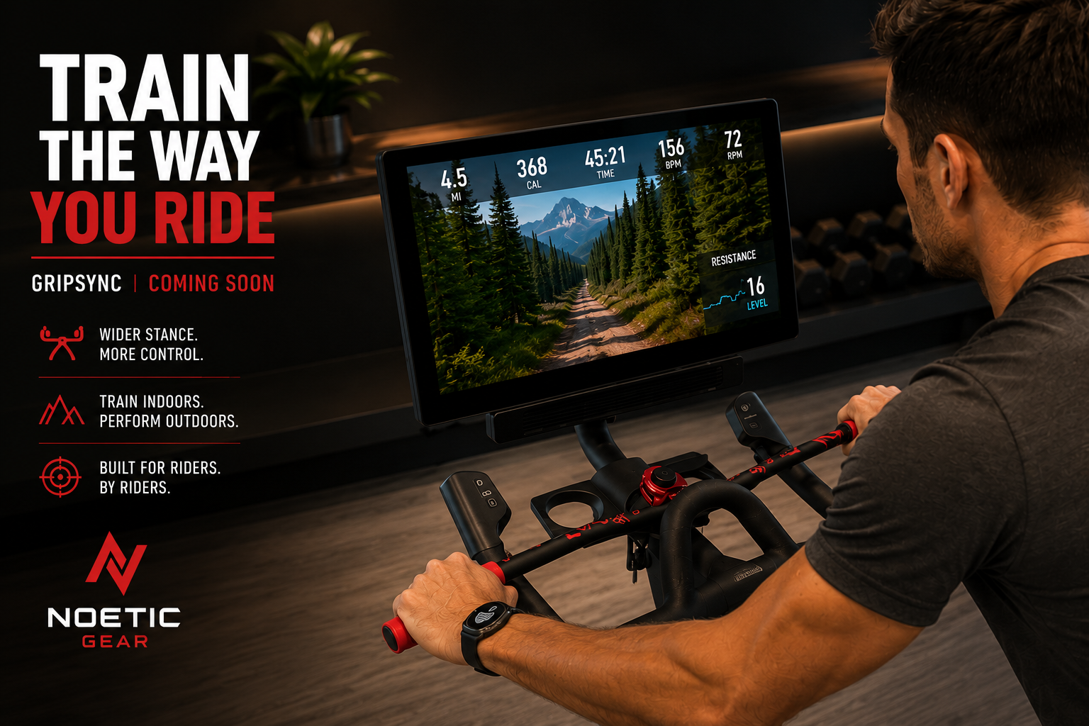 A man riding a stationary exercise bike with GripSync bars showing a trail through a forest and mountains. The left side features promotional text about the GripSync feature and Noetic Gear.