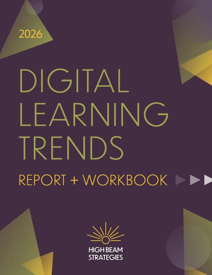 Cover page of a report and workbook titled 'Digital Learning Trends 2026' by High Beam Strategies, featuring a purple background with yellow and green geometric shapes.