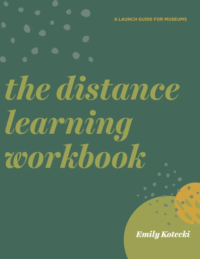 Book cover titled "the distance learning workbook" by Emily Kotecki, with a dark green background, yellow and orange abstract shapes, and small dotted patterns.