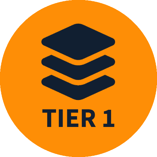Icon with three stacked layers above the words "TIER 1" on an orange background.