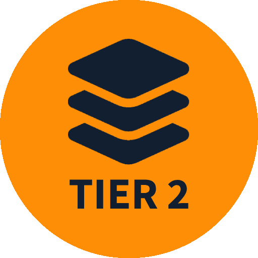 Orange circular icon with three stacked dark blue layers and the text "TIER 2" below.