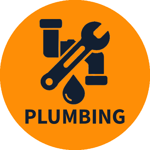 An orange circular background with a black wrench and drops of water, with the word 'PLUMBING' at the bottom.