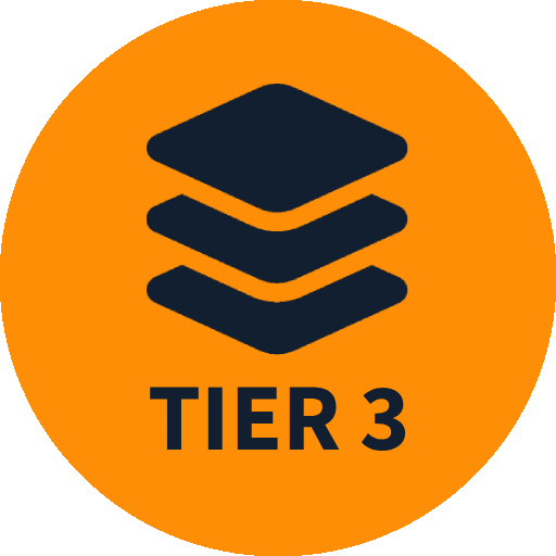 A circular orange badge with a black icon of three stacked layers and the text "TIER 3" underneath.