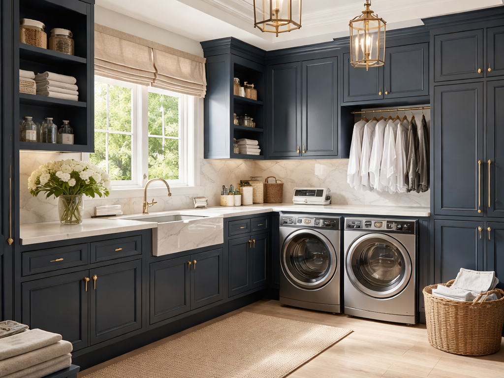 A spacious laundry room with navy blue cabinets, a large window with beige blinds, and stainless steel washer and dryer. The room has a white marble countertop and backsplash, gold hardware, and two hanging lantern-style lights. There's a wicker basket on the floor, a vase with flowers, and various laundry supplies.