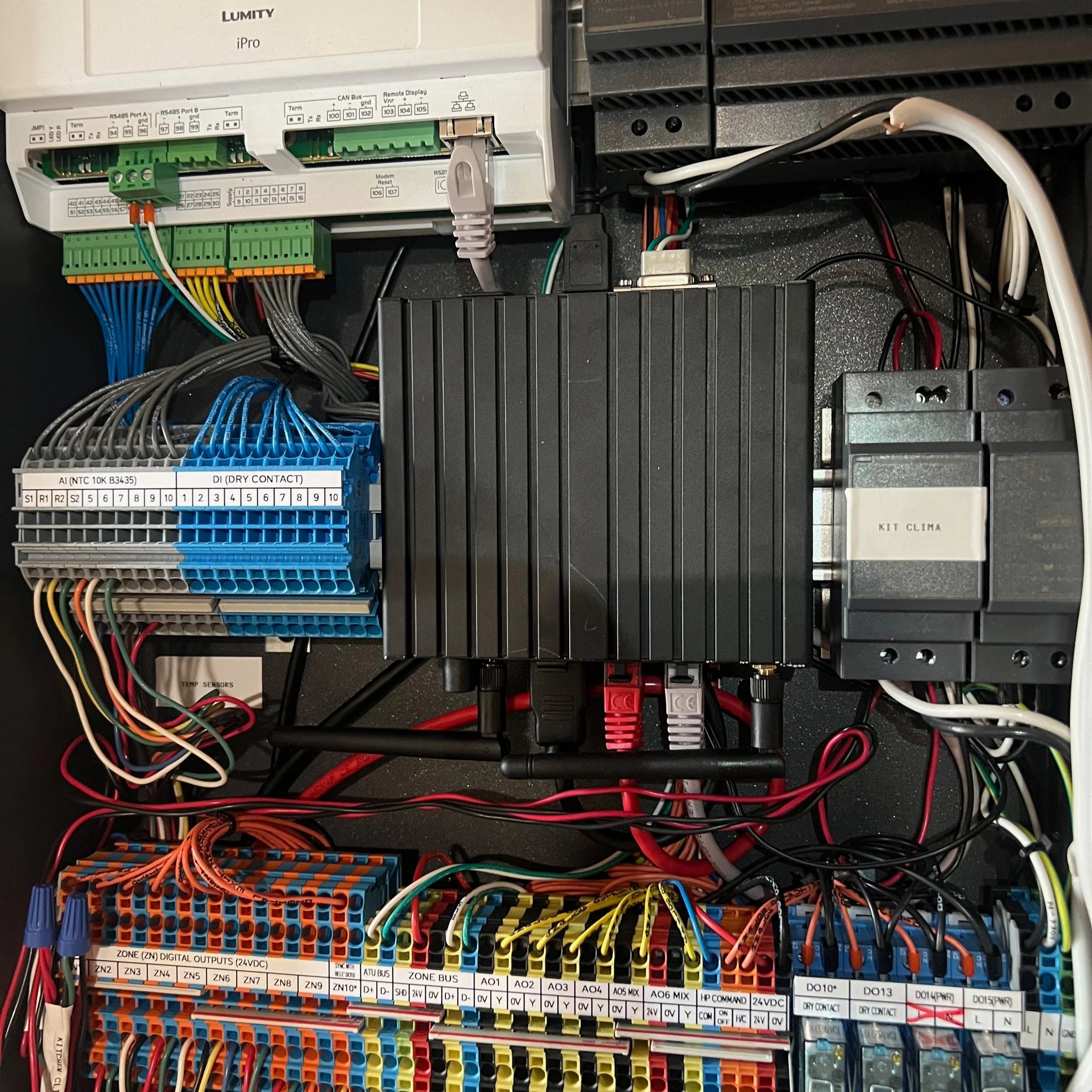 Close-up of an electrical or control panel with various wiring, circuit boards, and components.