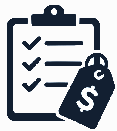 Icon of a clipboard with three checkmarks and a price tag with a dollar sign.