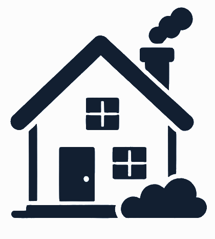 Silhouette of a house with a chimney emitting smoke, a front door, three windows, and bushes in front.