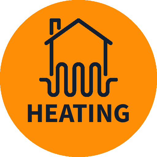 Icon of a house with a heating element underneath, with the word 'HEATING' below, on an orange circular background.