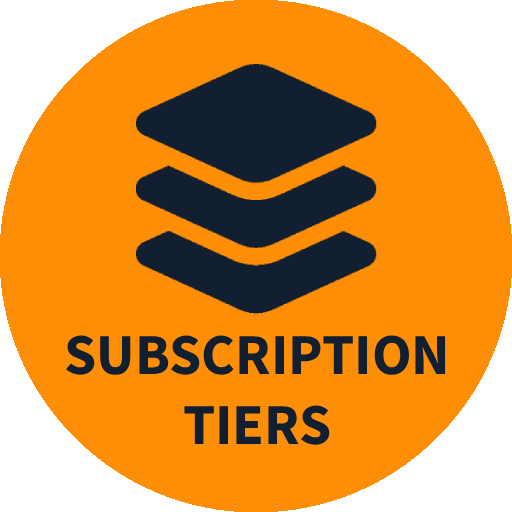 Orange circular logo featuring a stack of three dark blue layers and the text 'Subscription Tiers' below the layers.