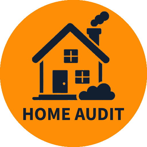 Icon of a house with smoke coming from chimney, windows, and door, with the text 'Home Audit' underneath on an orange background.