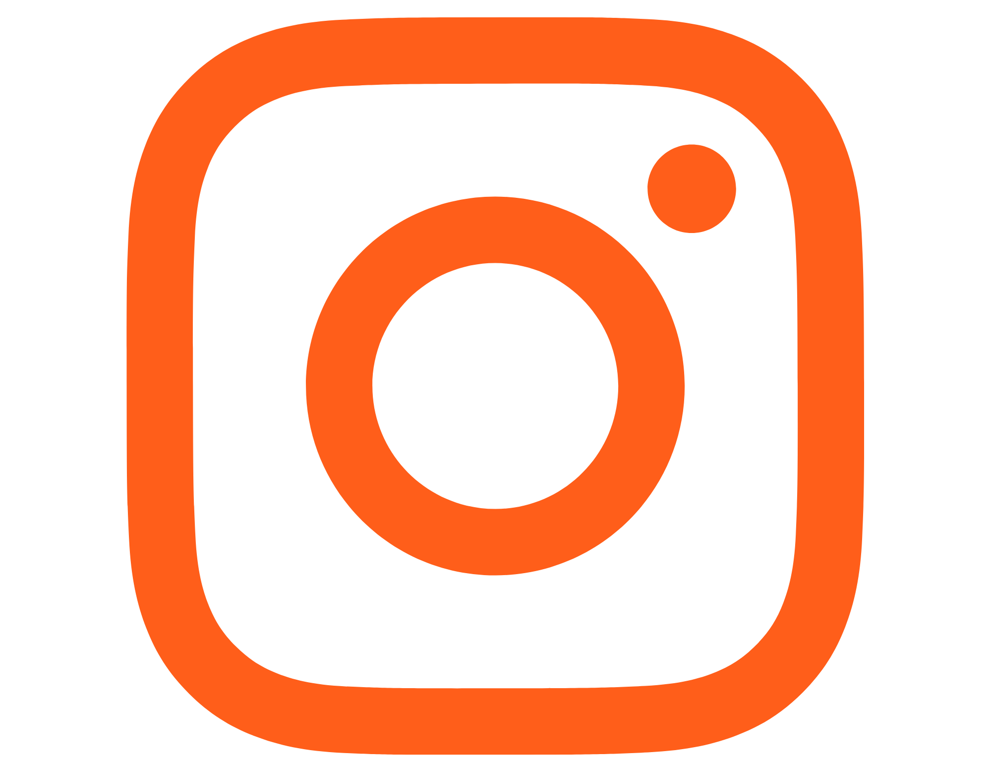 Orange and black Instagram logo with a rounded square shape, a small circle in the top right corner, and a central circle.