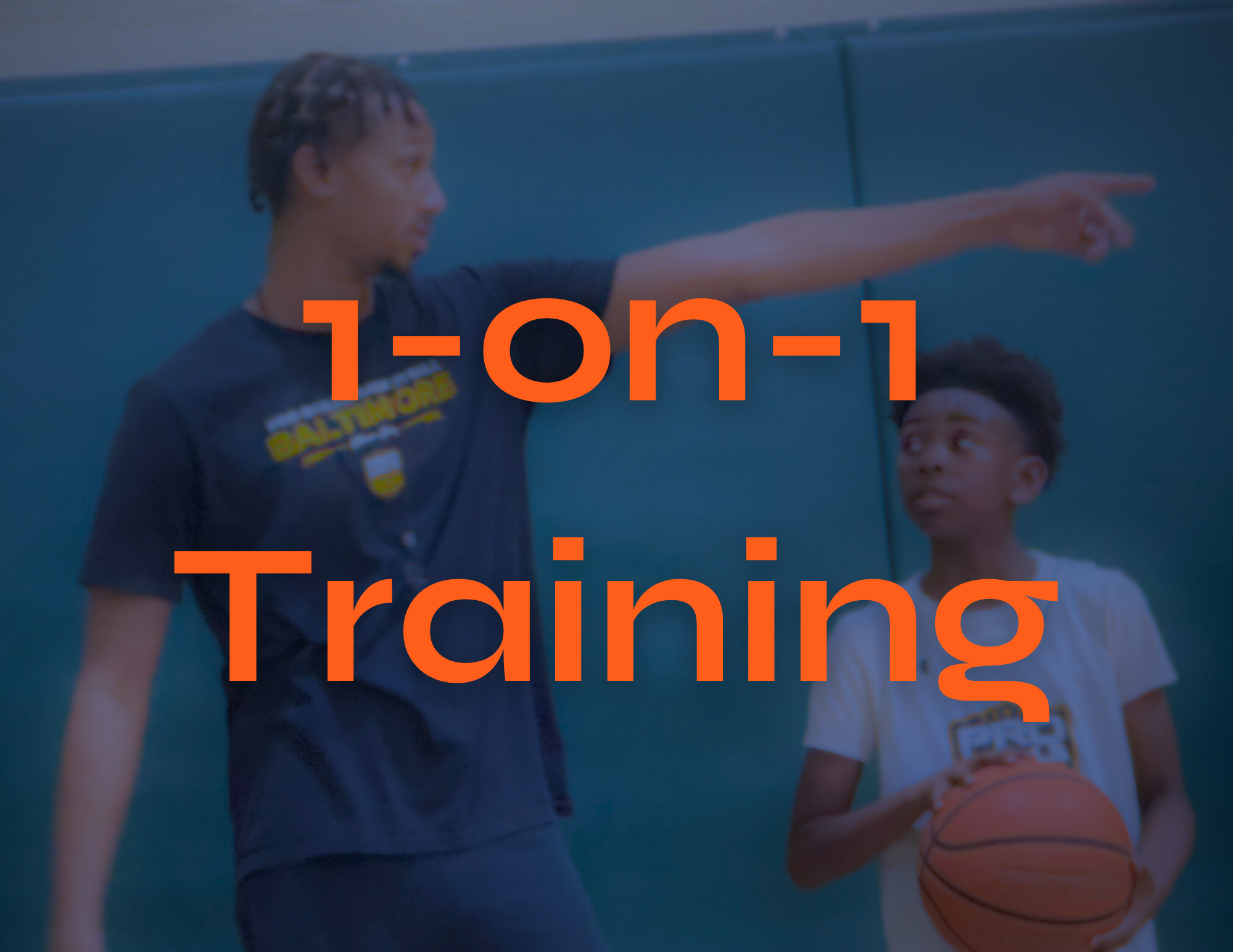 A young woman coaching a young boy on basketball training, with the text '1-on-1 Training' overlaid in orange.