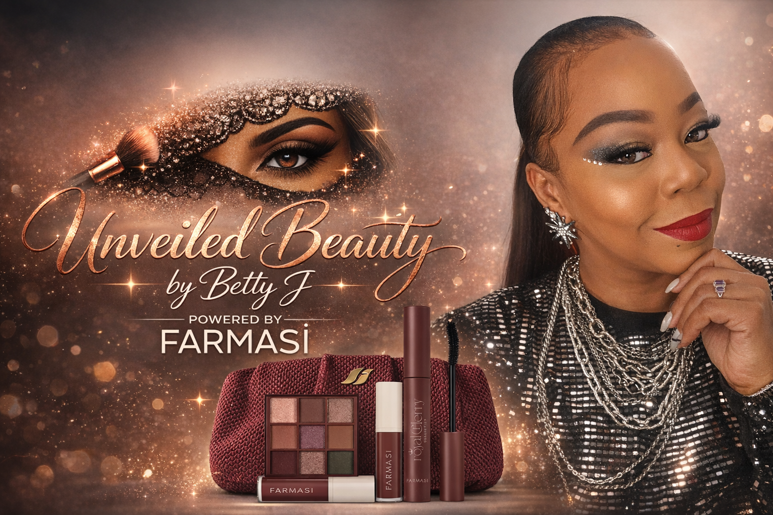 A promotional image for 'Unveiled Beauty' by Betty J, powered by FARMASI, featuring a woman with glamorous makeup and jewelry, and beauty products including an eyeshadow palette, lip gloss, mascara, and eyeliner in front of a sparkling background.