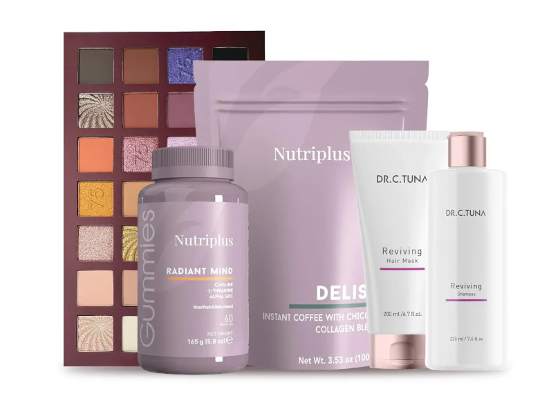 Beauty and skincare products including an eyeshadow palette, a nutrient supplement bottle, a collagen glow powder pouch, a hair mask, and a shampoo.