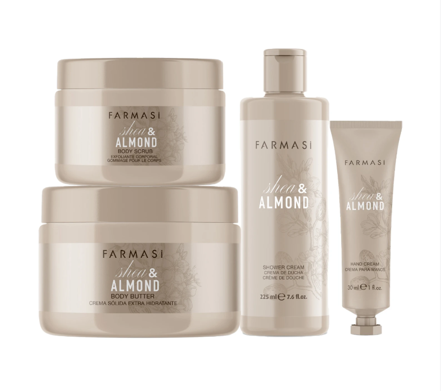 A collection of Farmasi Shea & Almond skincare products, including body butter, shower cream, and hand cream, arranged on a white background.