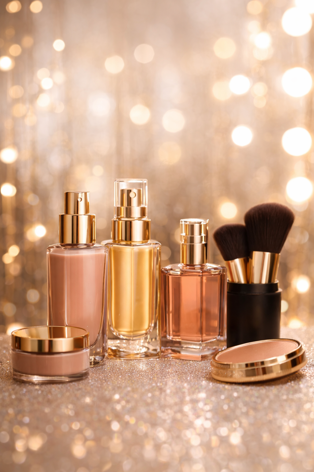 Beauty products including perfume bottles, a jar, and brushes on a glittery surface with bokeh lights in the background.