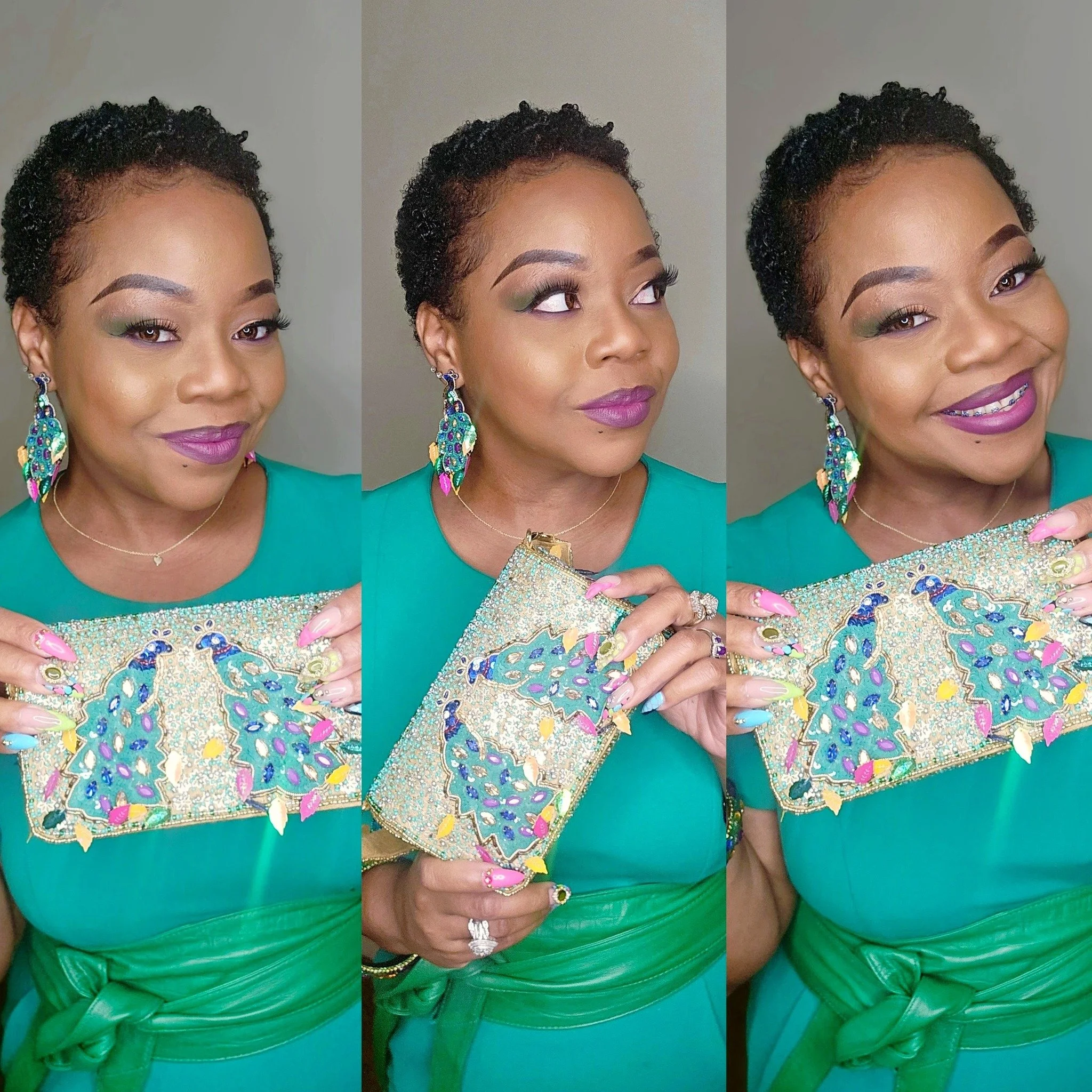 A woman wearing a vibrant green dress and colorful jewelry, holding a decorated clutch bag with a peacock design, smiling in a collage of three posed photos.