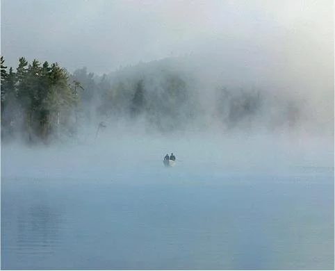 Two people in a boat on a misty lake.