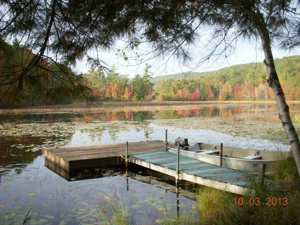 Fall color with a dock in the foreground.
